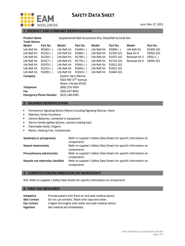 EAM Life Raft Kits Safety Data Sheet | PDF | Magnesium | Smoke