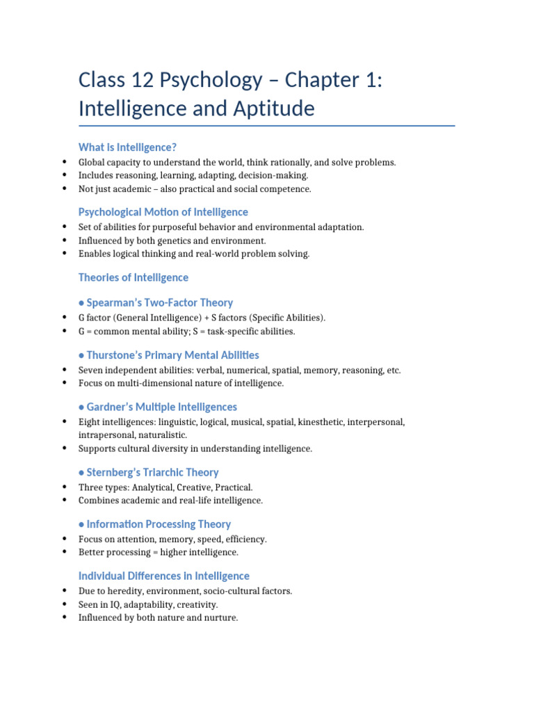 Class 12 Psychology: Intelligence & Aptitude | PDF | Intelligence ...