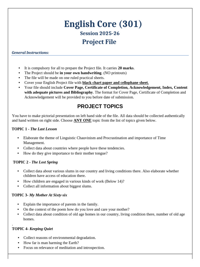 Class 12 English Project Guidelines | PDF
