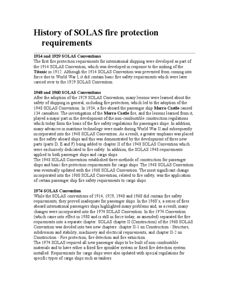 History of SOLAS Fire Protection Requirements Firefighting Ships