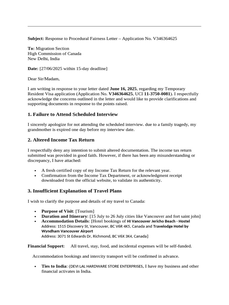 Response To Procedural Fairness Letter - Application No. V346364625 | PDF