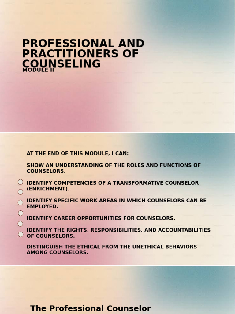Roles and Functions of Professional Counselors | PDF | Counseling ...