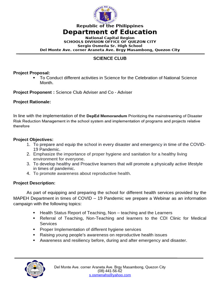 Science Club Project Proposal | PDF | Public Health