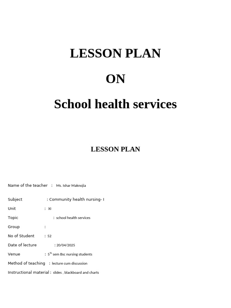 School Health Services Lesson Plan | PDF | Lesson Plan | Health Care