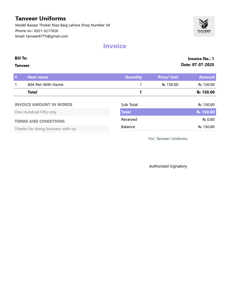 Tanveer Uniforms Invoice #1 | PDF