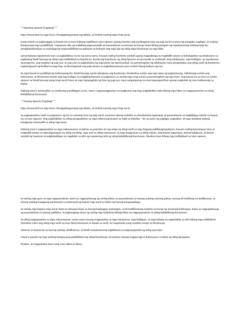School Head Opening and Closing Speech Tagalog | PDF