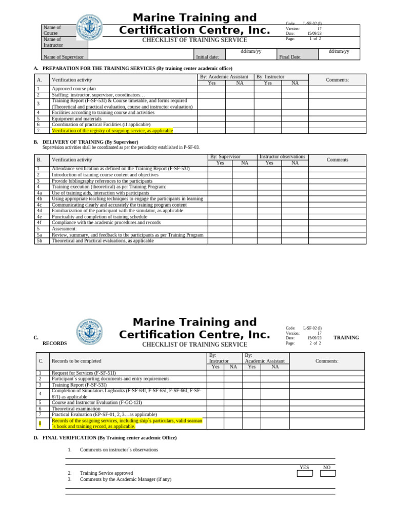 L-SF-02 (I) Checklist For Training (Sept 2023) | PDF
