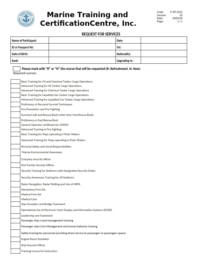 Marine Training Service Request Form | PDF | Ships | Sailor