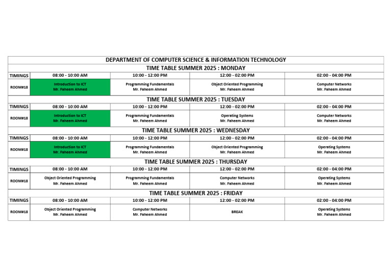 Summer 2025 CS Timetable Room 18 | PDF