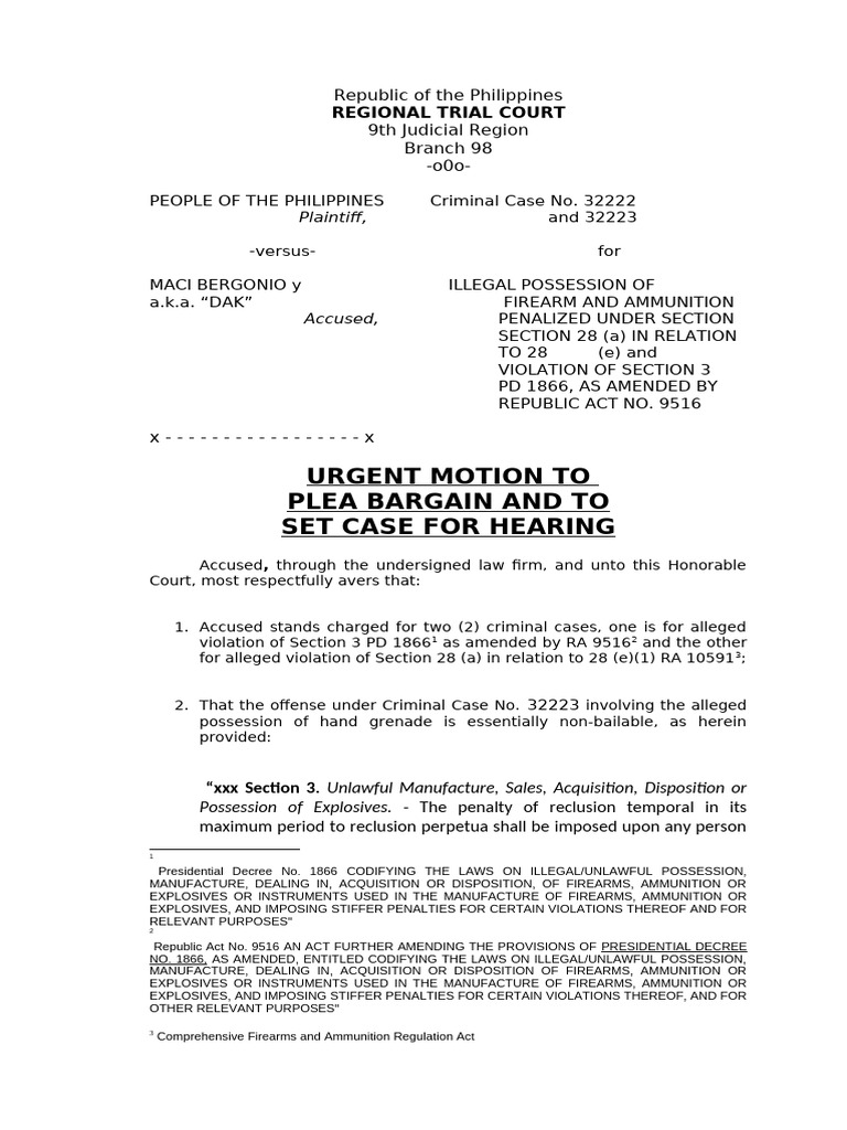 Motion to Plea Bargain in Firearm Case | PDF | Plea | Plea Bargain