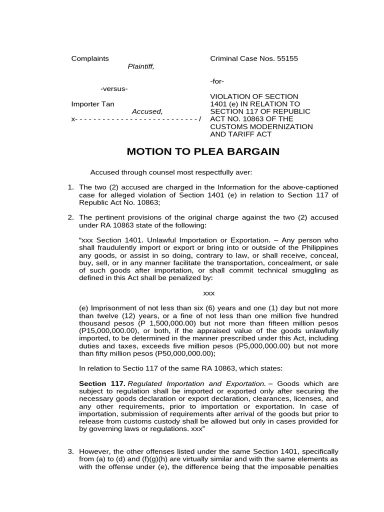 Motion to Plea Bargain in Customs Case | PDF | Plea | Plea Bargain