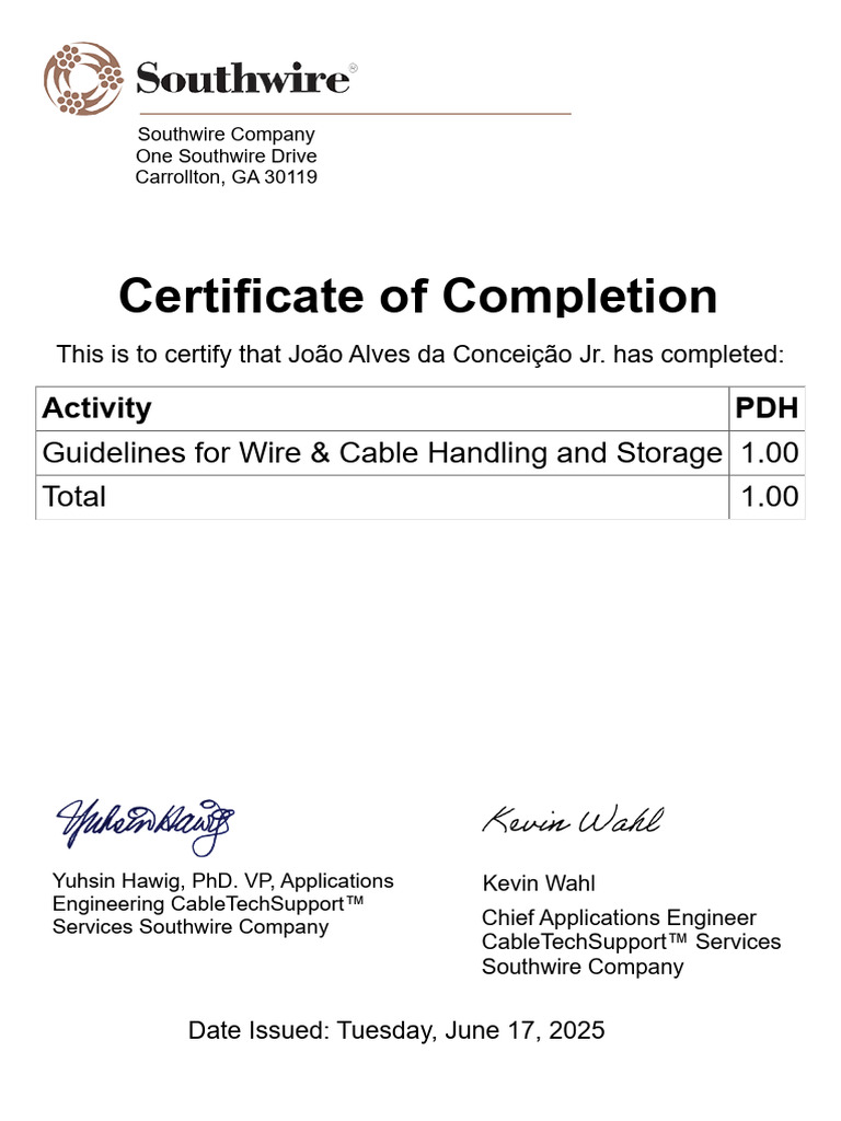 Certificate of Completion: Wire & Cable Handling | PDF