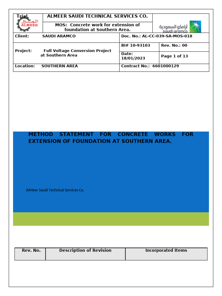 Concrete Foundation Extension Method Statement | PDF | Concrete ...