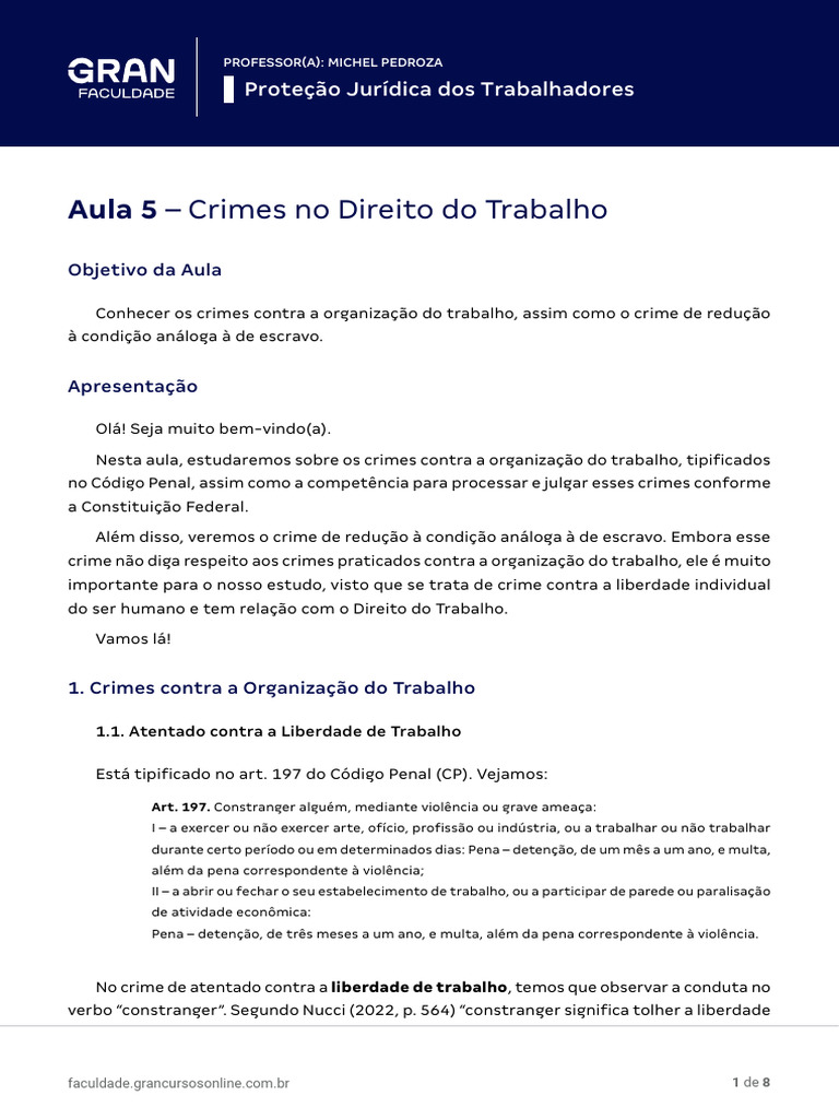 Crimes no Direito do Trabalho: Aula 5 | PDF | Crimes | Crime e Violência