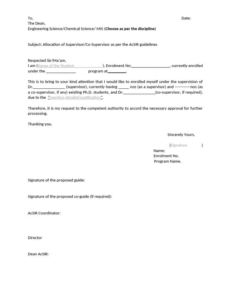 Supervisor Allocation Request Template | PDF