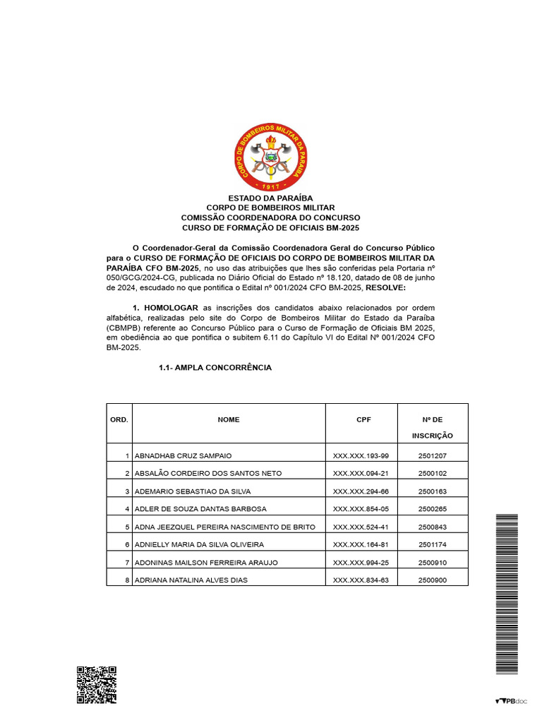 Homologação de Inscrições CFO BM-2025 | PDF
