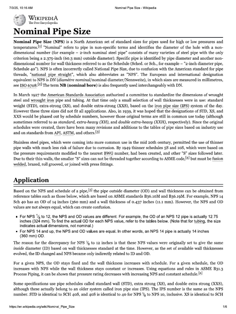 WIKIPEDIA - Nominal Pipe Size | PDF