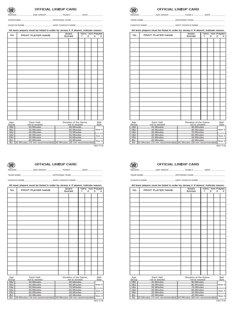 AYSO Official Lineup Card Template | PDF | Sports | Sports Rules And ...