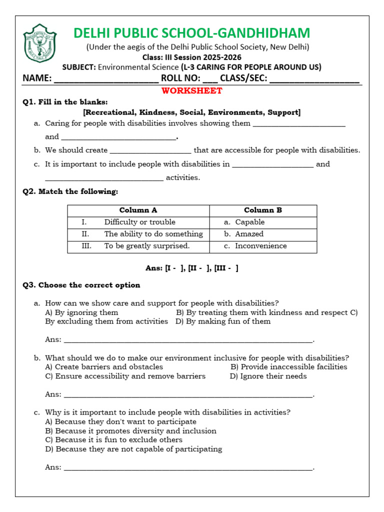 Caring for People with Disabilities Worksheet | PDF | Disability ...