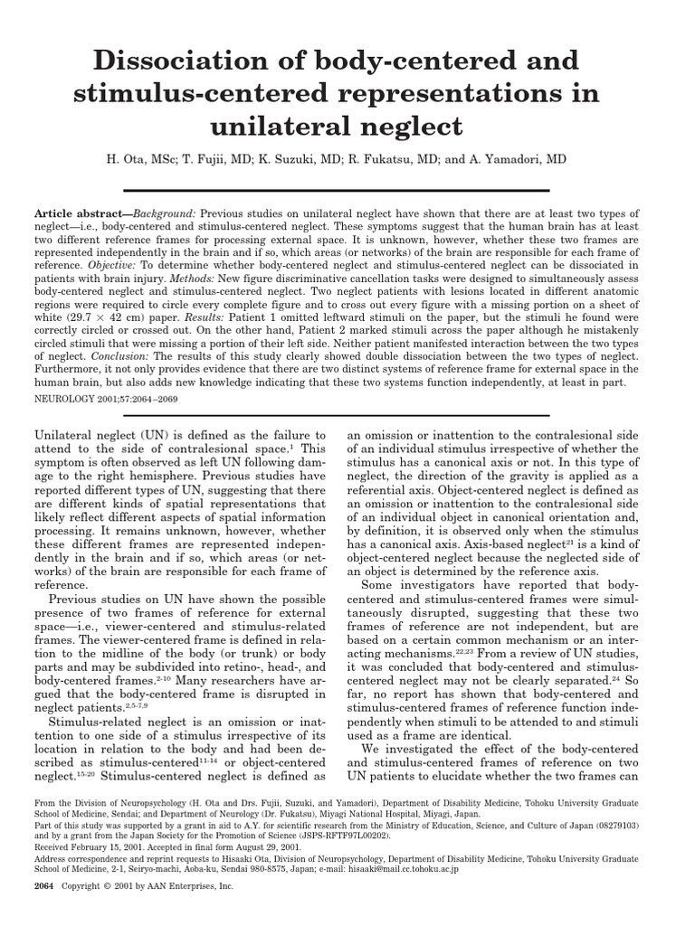 Dissociating Neglect Types in Brain Injury | PDF | Parietal Lobe ...