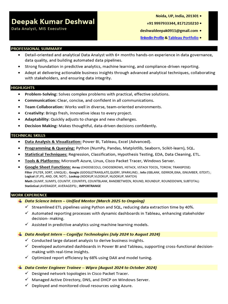 Deepak Deshwal: Data Analyst Profile | PDF | Data Analysis | Analytics