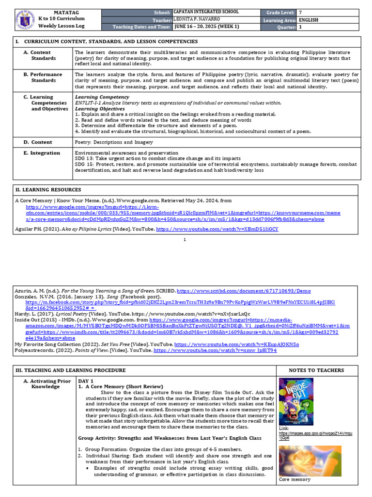 DLL Matatag - English 7 q1 w1 | PDF | Human Communication