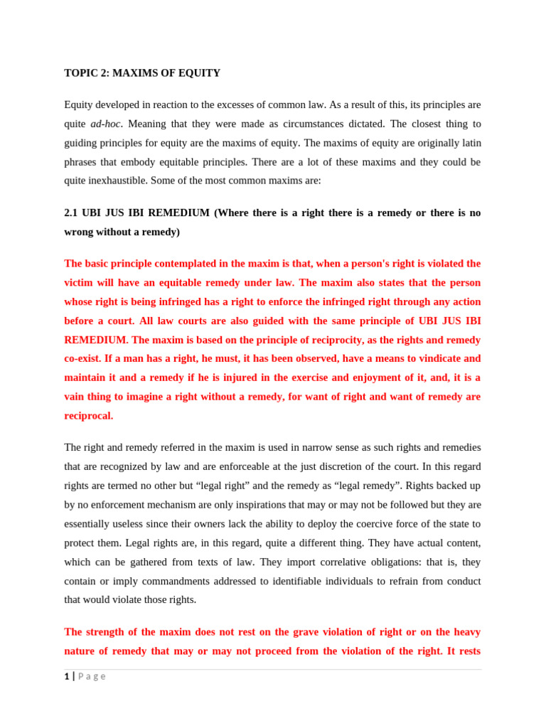 Topic 2 Maxims of Equity | PDF | Equity (Law) | Legal Remedy