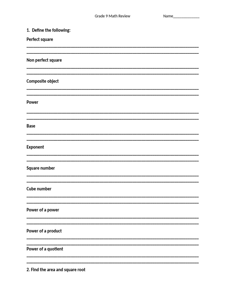 Grade 9 Math Concepts Review | PDF | Square Root | Area