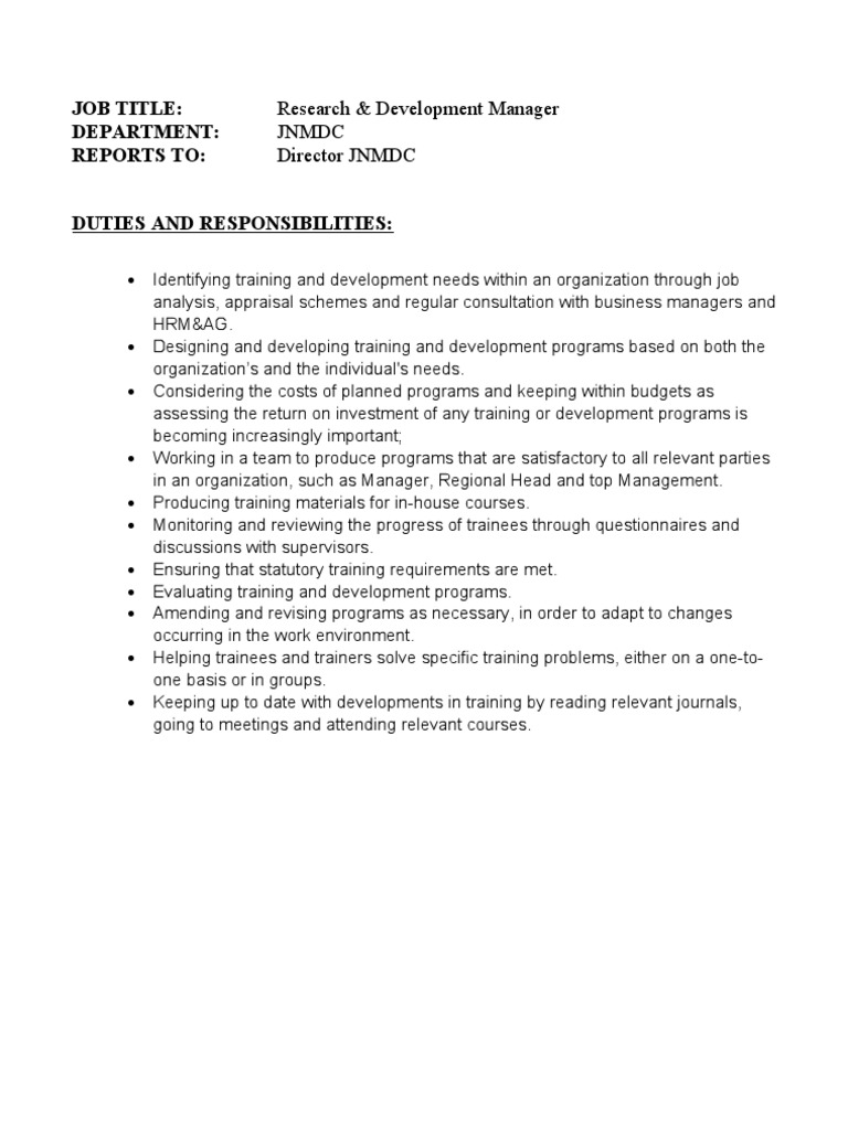 R&D Manager Job Description and Duties | PDF | Business