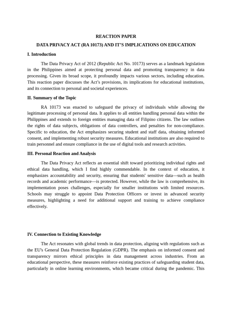 Data Privacy Act Reaction Paper | PDF | Privacy | Regulatory Compliance