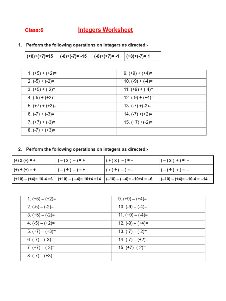 Integers Worksheet: Class:6 | PDF | Chess Theory | Chess Openings