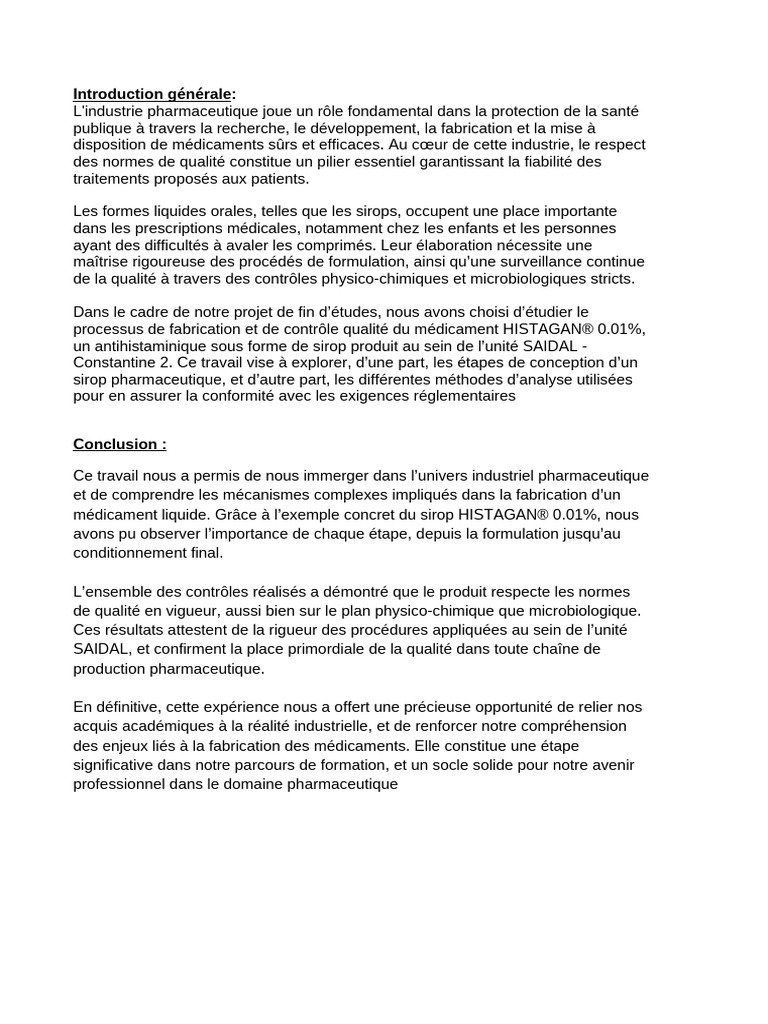 Fabrication et qualité du sirop HISTAGAN | PDF | Industrie pharmaceutique