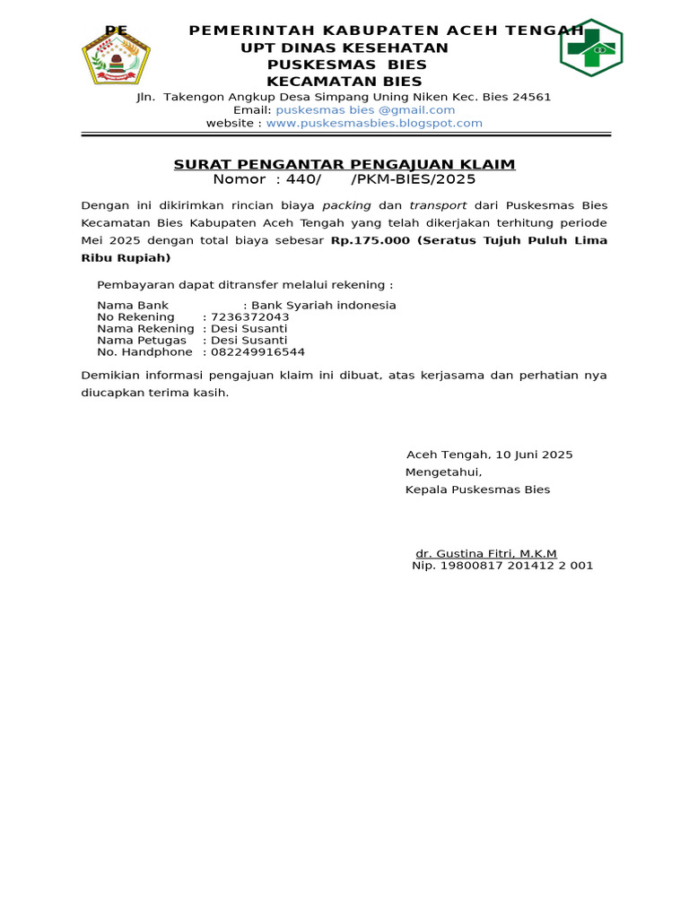 Surat Pengantar Klaim Puskesmas Bies | PDF
