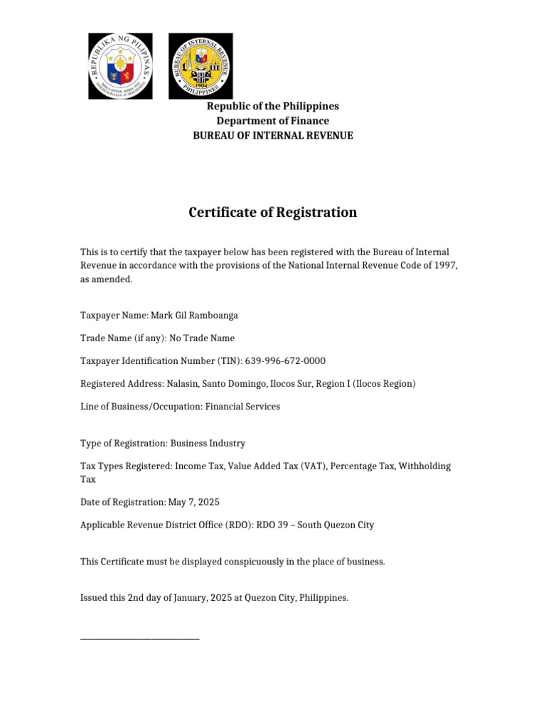 BIR Certificate of Registration Sample | PDF