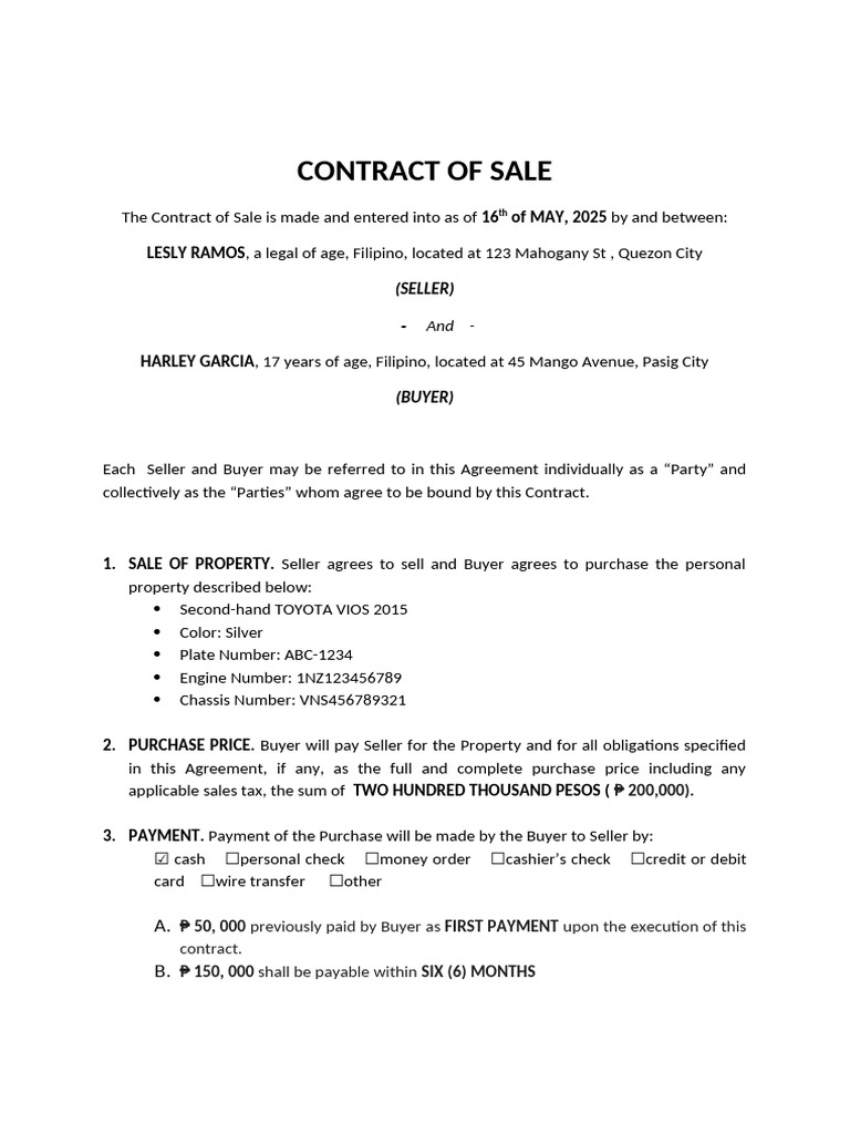 Contract of Sale: Toyota Vios 2015 | PDF