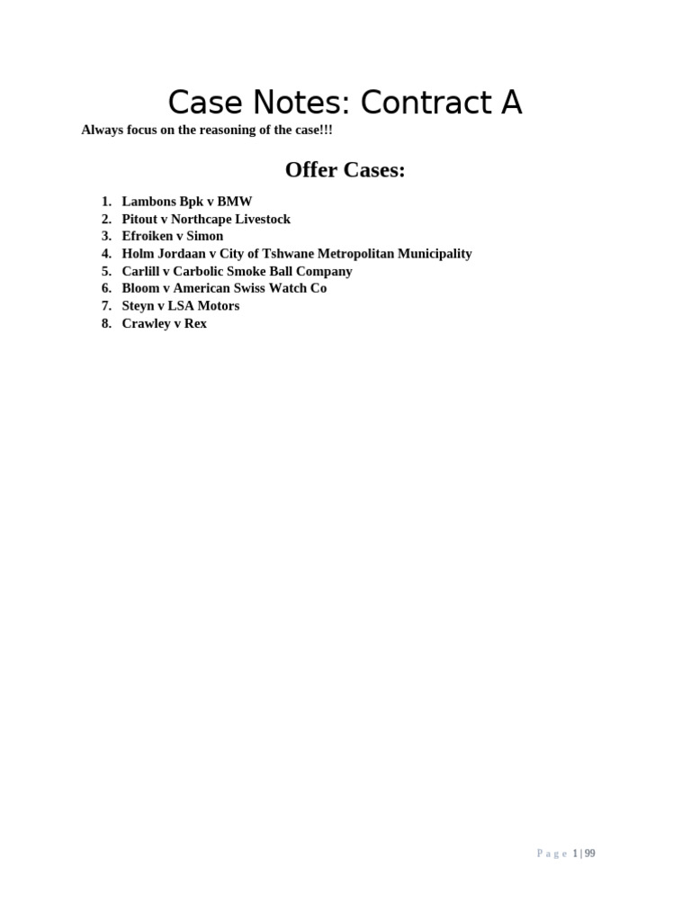 Case Notes on Contract Law Offers | PDF | Offer And Acceptance | Lease