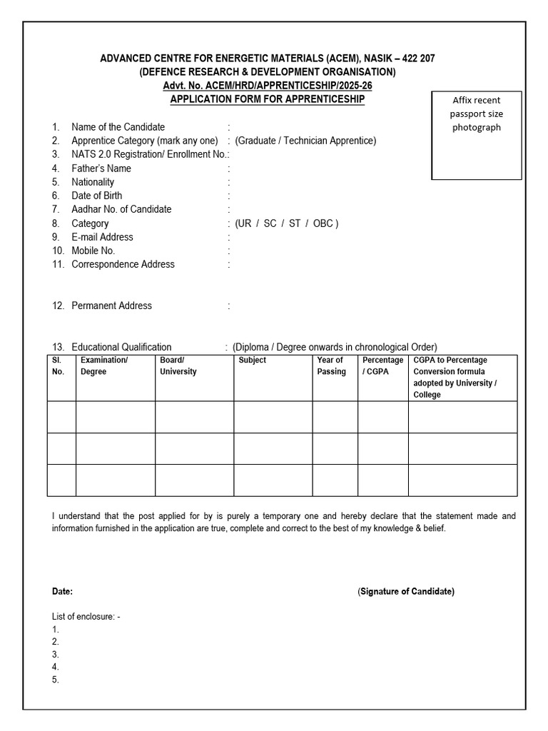 ACEM Apprenticeship Application Form | PDF