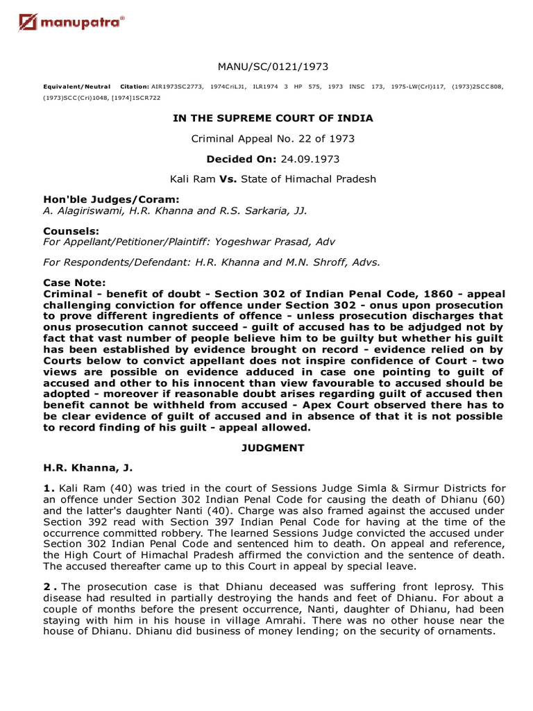 Kali Ram v. State of Himachal Pradesh | PDF | Burden Of Proof (Law) | Skull