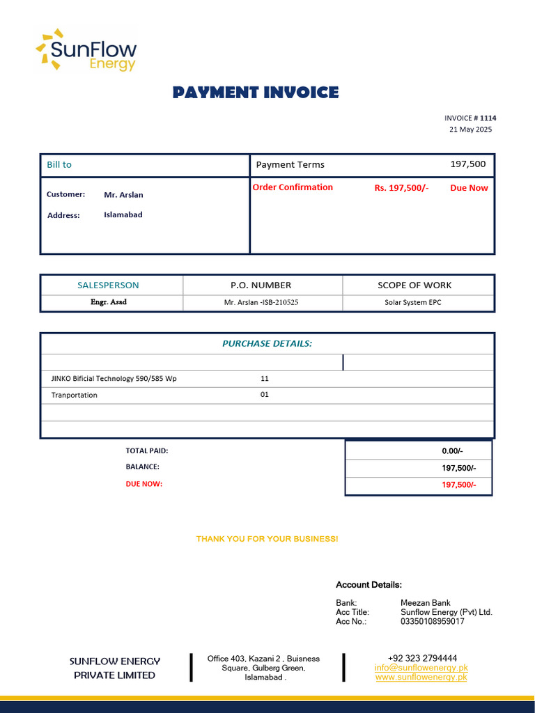 Solar Panel Invoice #1114 | PDF