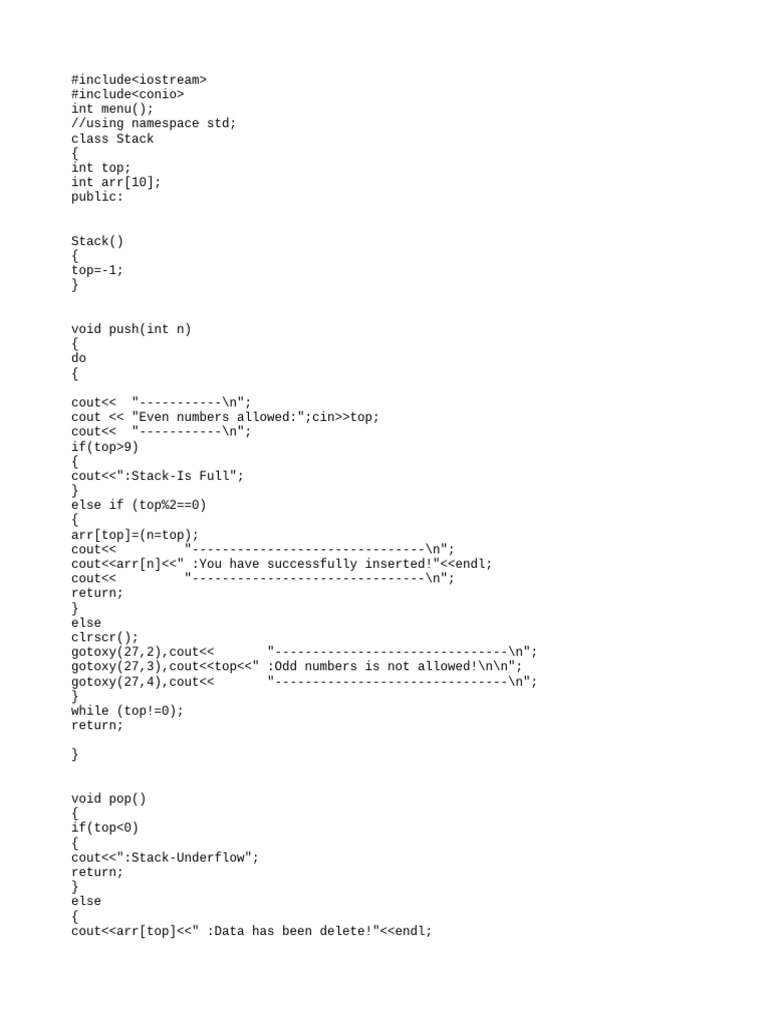 C++ Stack Implementation with Menu | PDF