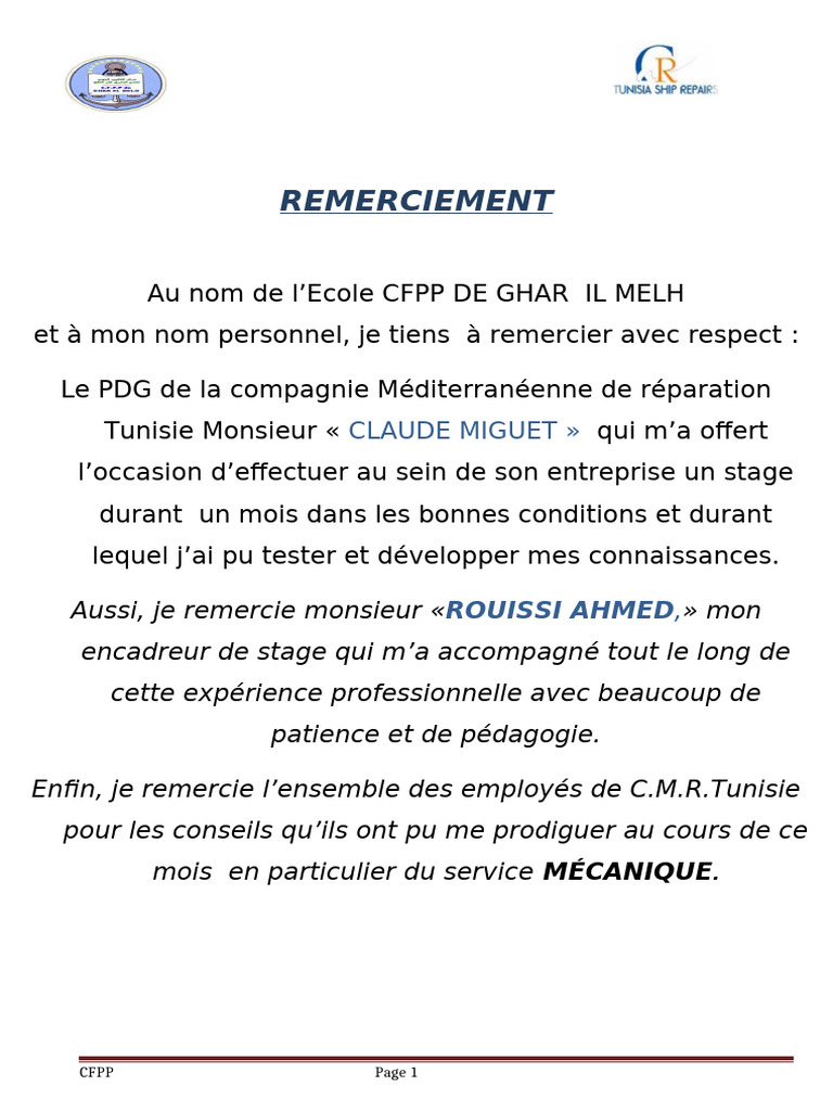 Remerciements et Présentation de CMRT | PDF | Palier (mécanique) | Piston