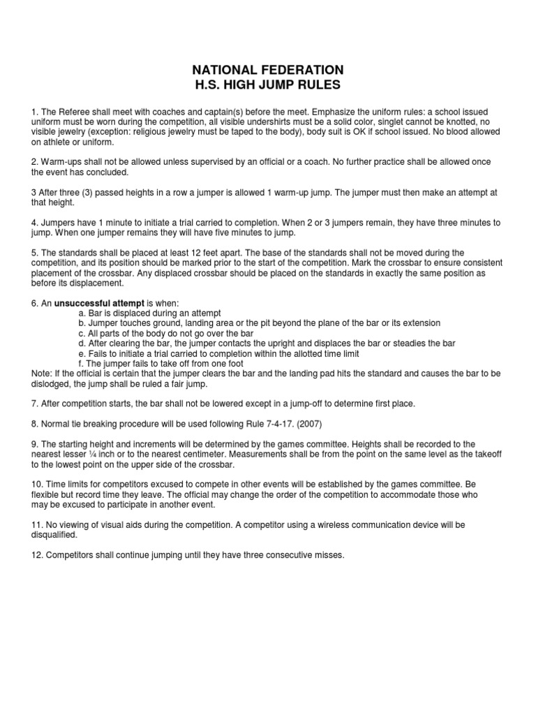 HS High Jump Rules & Instructions PDF Referee Hobbies