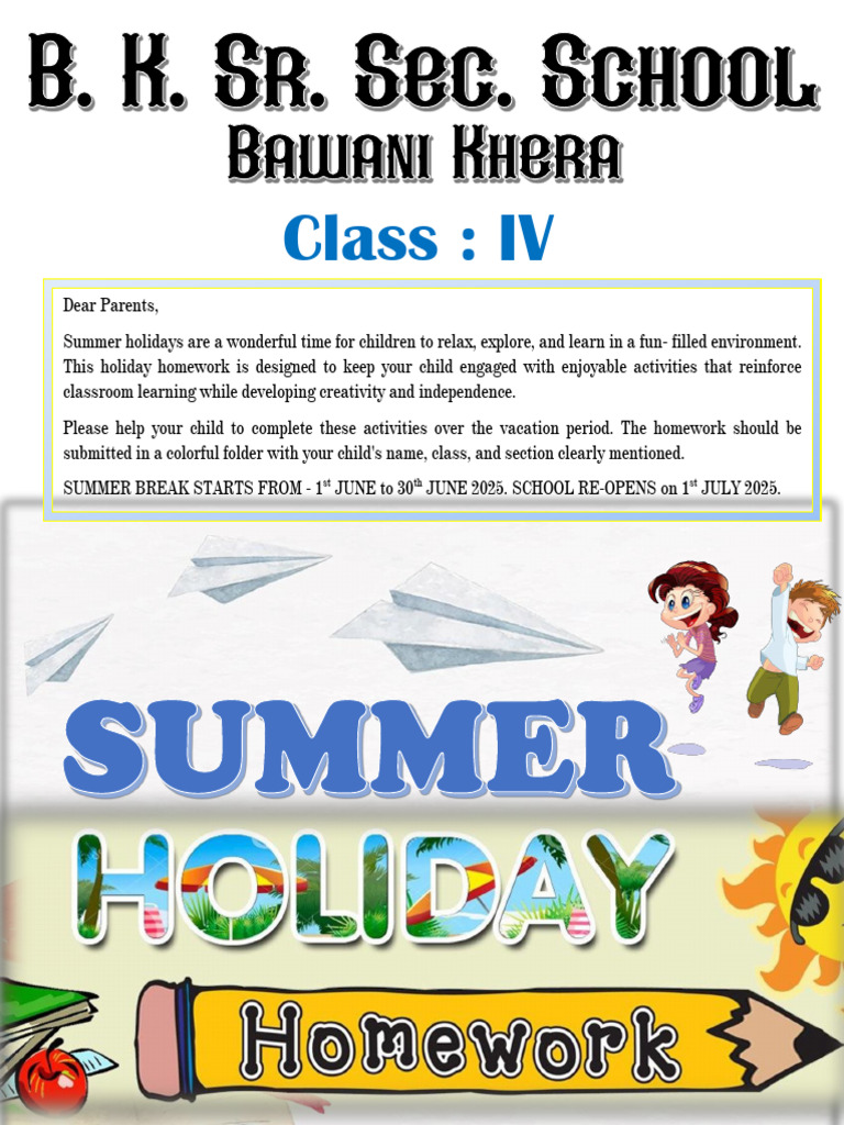 Summer Vacation Homework for Class IV | PDF