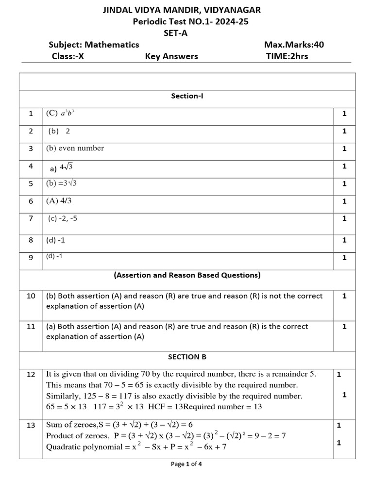 Class X Mathematics Test Answers | PDF | Equations | Zero Of A Function