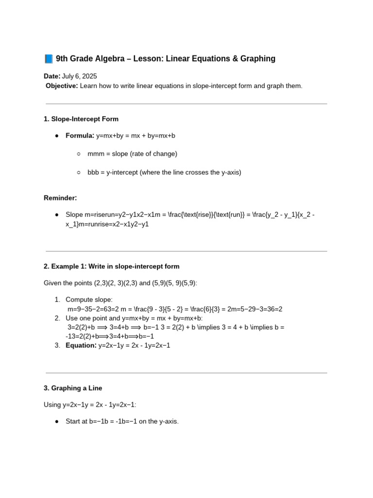 9th Grade Algebra: Linear Equations Guide | PDF