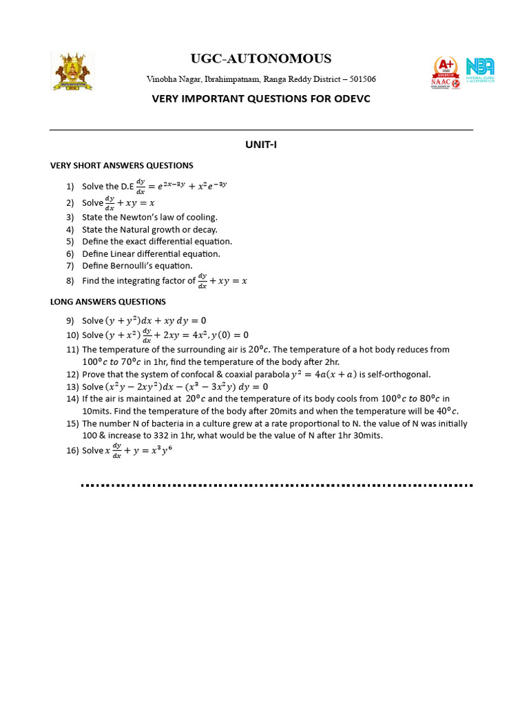 Important Questions for ODEVC Exam | PDF | Laplace Transform | Convolution