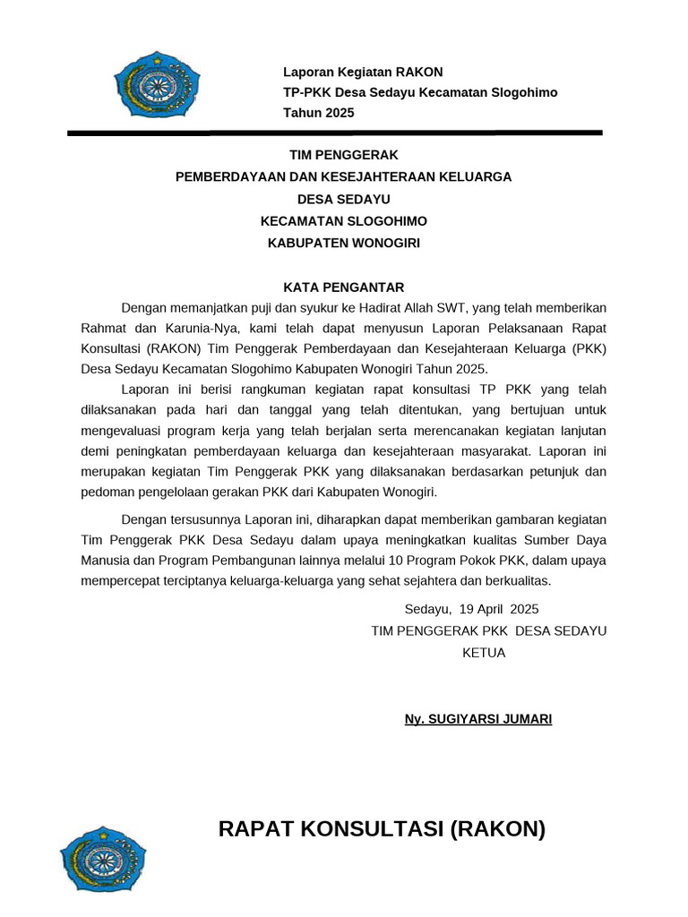 Laporan RAKON TP PKK Sedayu 2025 | PDF
