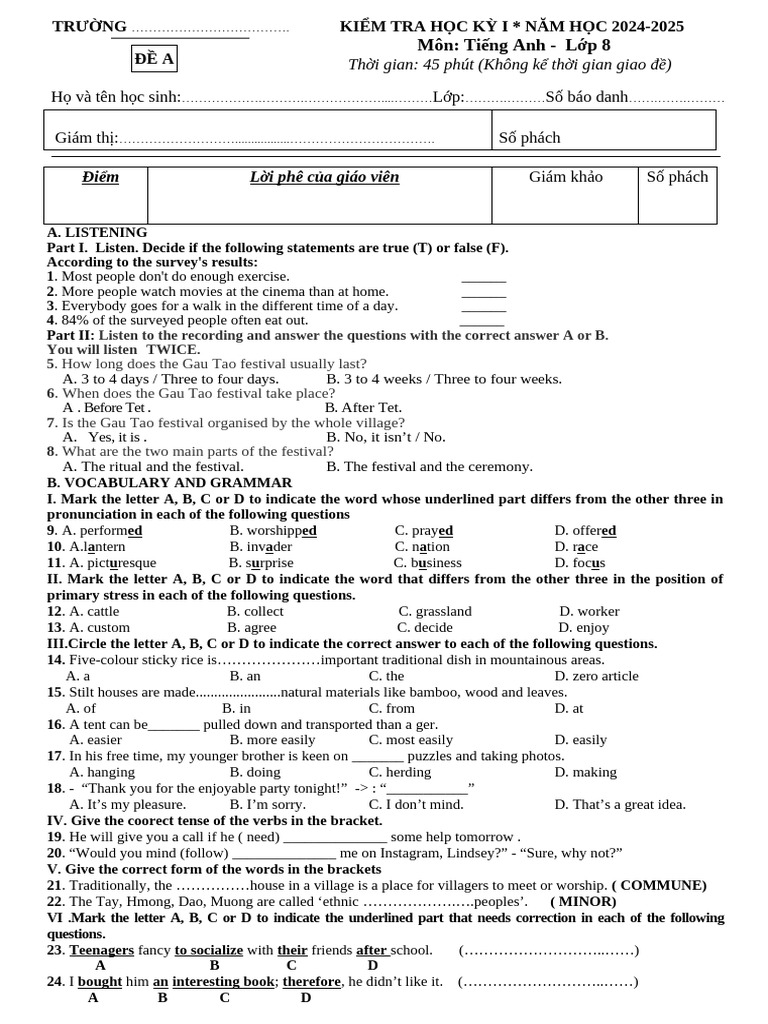 English Exam for Grade 8 Students | PDF | Linguistics