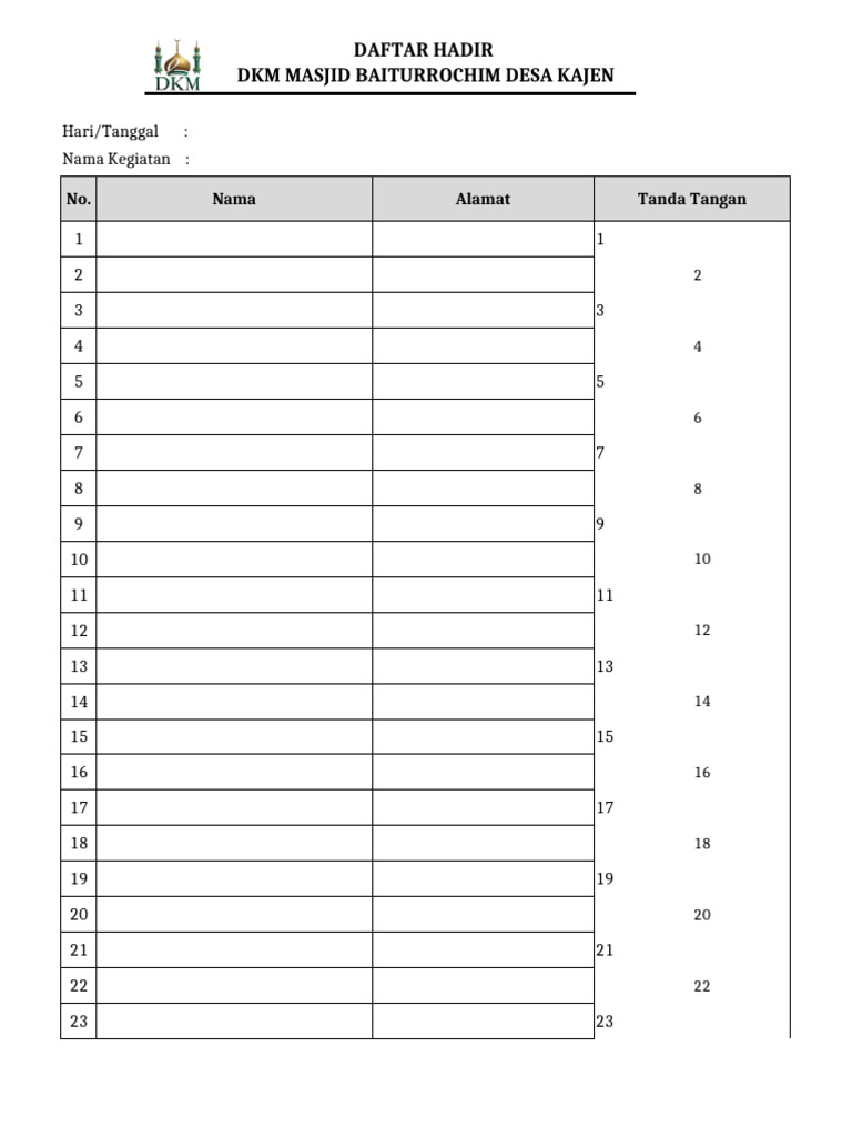 Daftar Hadir Kegiatan Masjid Baiturrochim | PDF