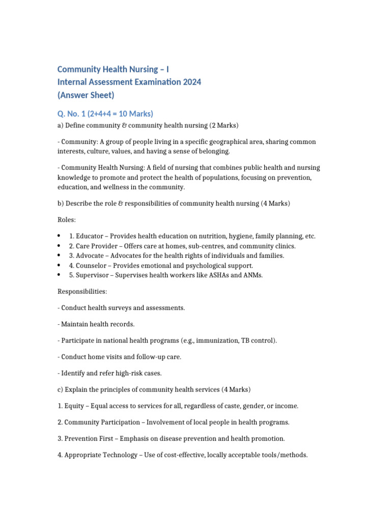 Community Health Nursing Answers Part1 | PDF | Health Care | Nursing